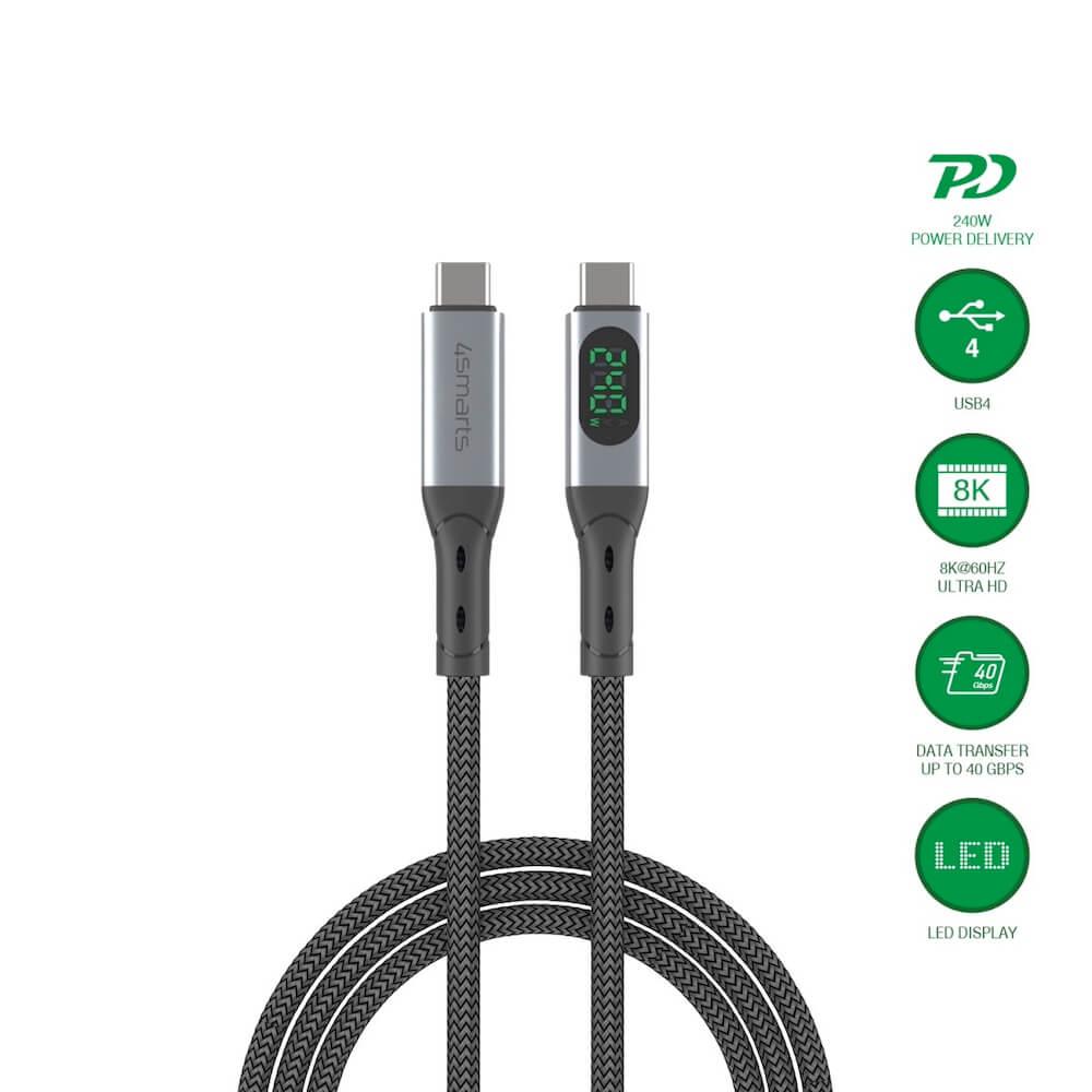 4smarts DigitCord USB4 USB-C to USB-C Cable 240W - здрав USB4 кабел с въжена оплетка и дисплей, за устройства с USB-C порт (150 см) (черен)