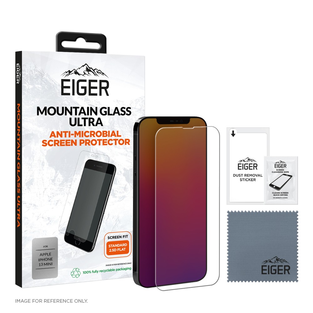Eiger Mountian Glass Ultra Screen Protector 2.5D - калено стъклено защитно покритие с антибактериален слой за дисплея на iPhone 13 mini (прозрачен)