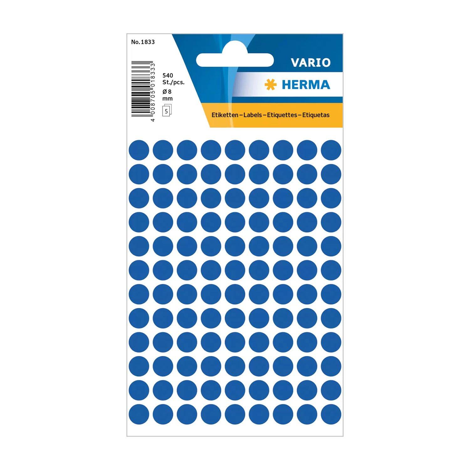 Herma Самозалепващи се етикети, кръгли, диаметър 8 mm, 108 броя на лист, 5 листа, тъмносини