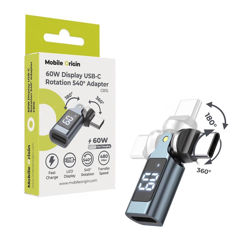 Въртящ адаптер от USB-C женско към USB-C мъжко с LED дисплей за мобилни устройства с USB-C порт - Mobile Origin CB15 USB-C to USB-C Display Rotation Adapter 60W | JAR Computers Въртящ адаптер от USB-C женско към USB-C мъжко с LED дисплей за мобилни устройства с USB-C порт - Mobile Origin CB15 USB-C to USB-C Display Rotation Adapter 60W