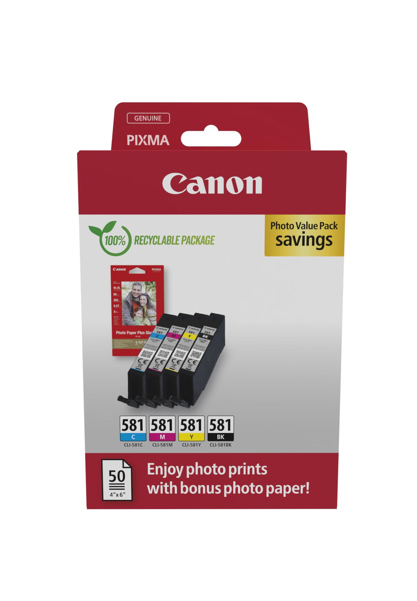 Комплект 4 глави и 50 броя фотохартия за Canon Pixma TS8100/TS8200/TS9100 Series - Ink - CLI581 (CLI-581) / 2106C006 - BK/C/M/Y - Multipack - PN 2106C006 | JAR Computers Комплект 4 глави и 50 броя фотохартия за Canon Pixma TS8100/TS8200/TS9100 Series - Ink - CLI581 (CLI-581) / 2106C006 - BK/C/M/Y - Multipack - PN 2106C006