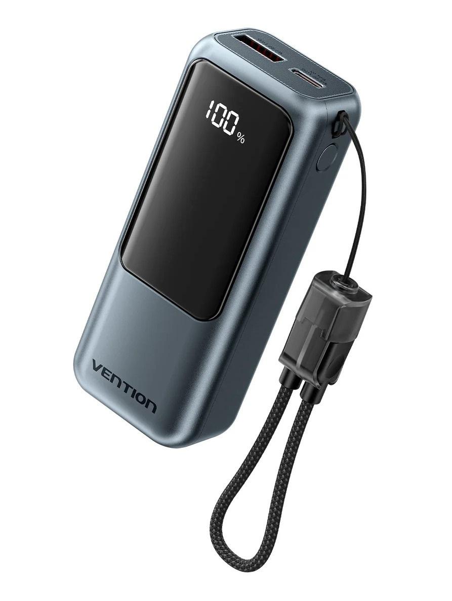 VENTION Mini 10000mAh Power Bank (USB-C + USB-A) with Built-in Lanyard 22.5W Gray LED Display Type (FKOH0) (VENFKOH0)