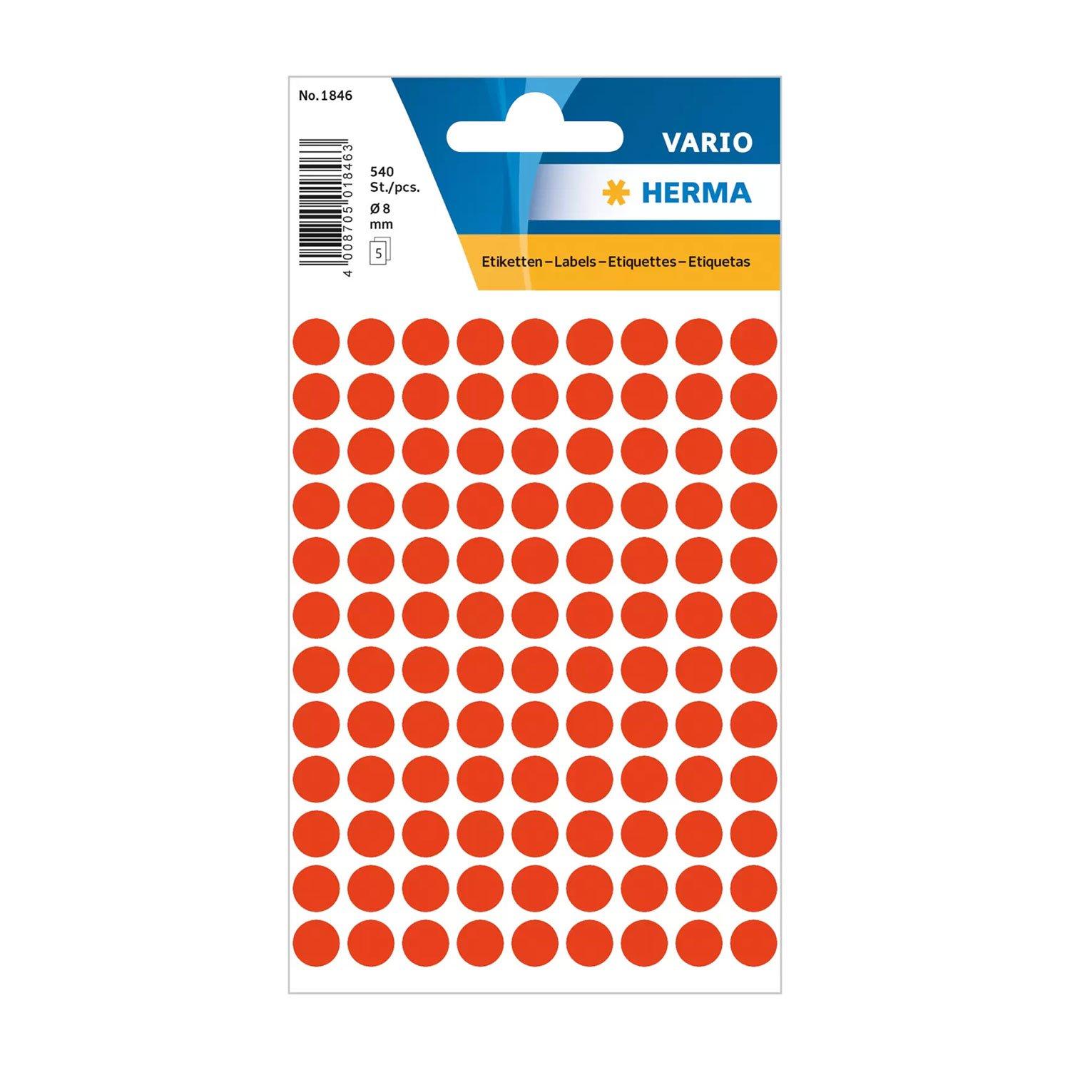 Herma Самозалепващи се етикети, кръгли, диаметър 8 mm, 108 броя на лист, 5 листа, яркочервени