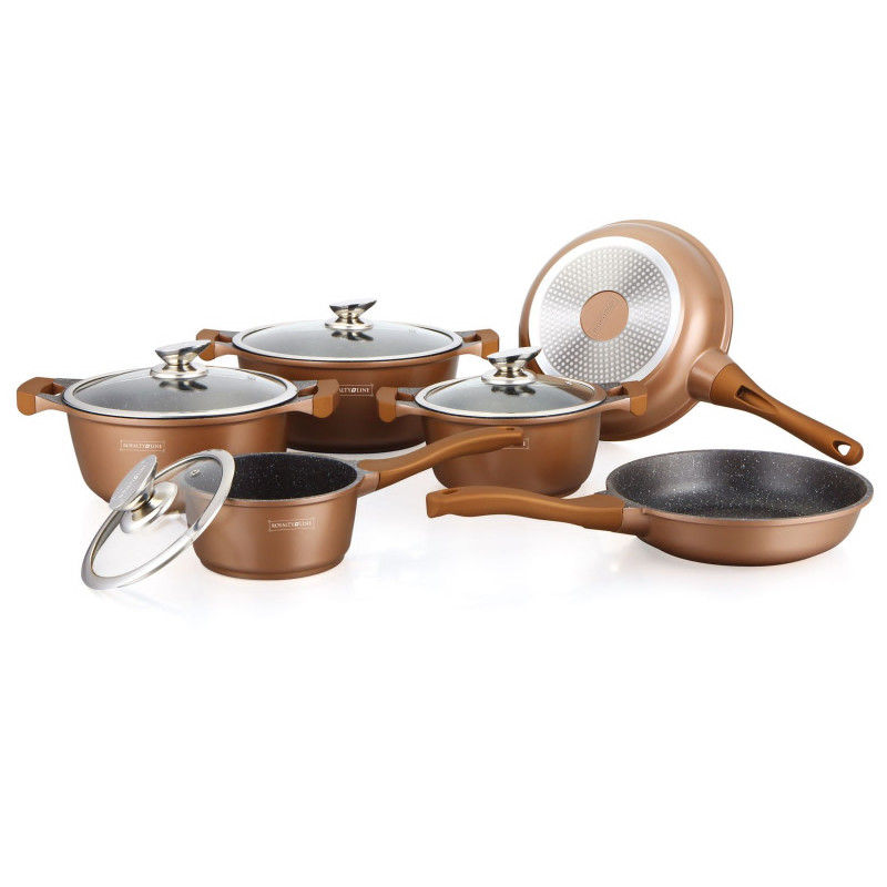 Комплект тенджери и тигани Royalty Line RL-BS1010M, Отливка, 10 части, Индукция, Мраморно покритие, Меден цвят