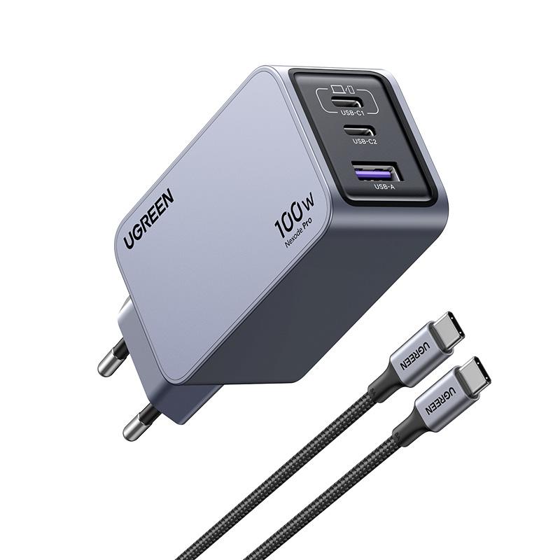 UGREEN Nexode Pro 100W 3-портово GaN зарядно устройство за бързо зареждане – комплект с кабел (EU) | JAR Computers UGREEN Nexode Pro 100W 3-портово GaN зарядно устройство за бързо зареждане – комплект с кабел (EU)
