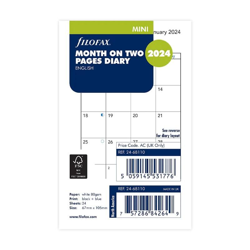 Filofax Пълнител за органайзер Mini, за 2024 година, 1 месец на 2 страници | JAR Computers Filofax Пълнител за органайзер Mini, за 2024 година, 1 месец на 2 страници