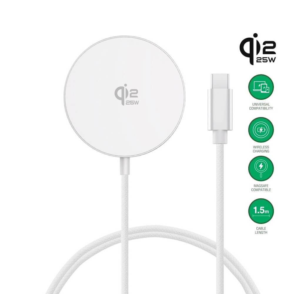 Поставка (пад) за безжично зареждане за iPhone с Magsafe - 4smarts Qi2 USB-C Magnetic Wireless Qi Charger 25W (бял) | JAR Computers Поставка (пад) за безжично зареждане за iPhone с Magsafe - 4smarts Qi2 USB-C Magnetic Wireless Qi Charger 25W (бял)