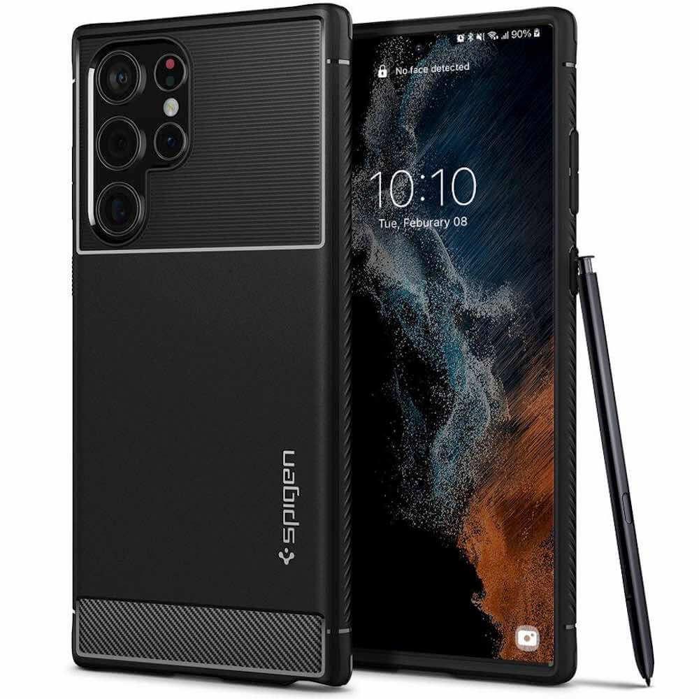 Тънък качествен силиконов (TPU) калъф за Samsung Galaxy S22 Ultra - Spigen Rugged Armor Case (черен) | JAR Computers Тънък качествен силиконов (TPU) калъф за Samsung Galaxy S22 Ultra - Spigen Rugged Armor Case (черен)