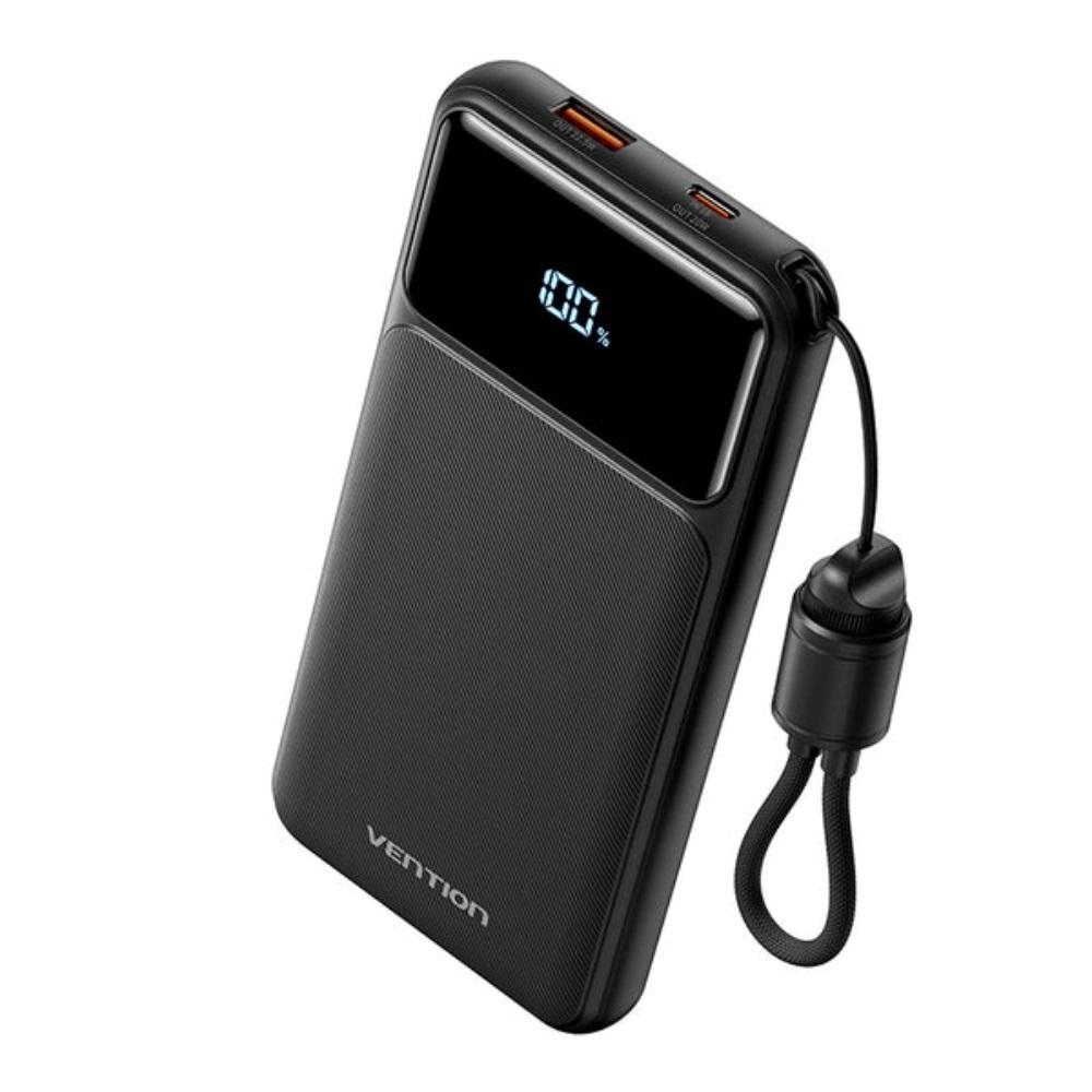 VENTION 10000mAh Power Bank (USB-C + USB-A) with Built-in Cable 22.5W Black LED Display Type (XGYB0-39-TY) (VENXGYB0-39-TY)