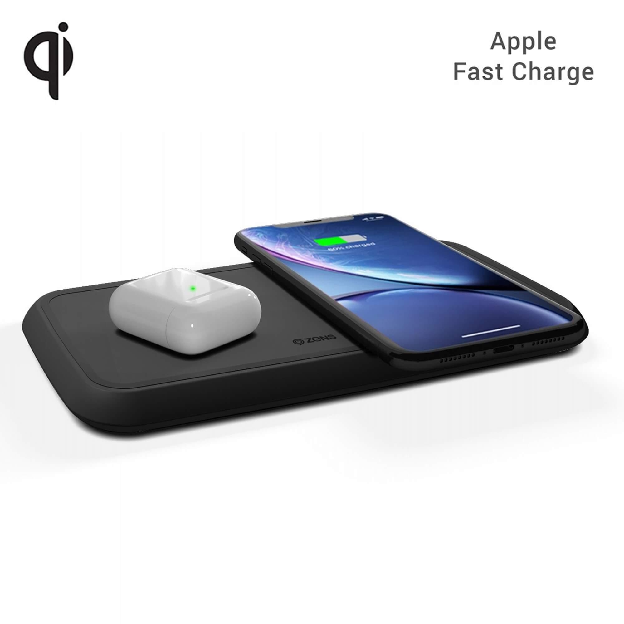 Двойна станция за безжично зареждане на Qi съвместими устройства - Zens Dual Wireless Charger 10W with Power Supply (EU/UK/US) ZEDC02BP (черен) | JAR Computers Двойна станция за безжично зареждане на Qi съвместими устройства - Zens Dual Wireless Charger 10W with Power Supply (EU/UK/US) ZEDC02BP (черен)