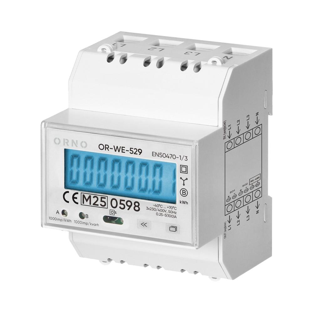 Трифазен електромер ДИРЕКТНО мерене,RS485, 1 тарифа, DIN монтаж 4.5 мод.,100A, MID, PV Ready - Orno OR-WE-529 | JAR Computers Трифазен електромер ДИРЕКТНО мерене,RS485, 1 тарифа, DIN монтаж 4.5 мод.,100A, MID, PV Ready - Orno OR-WE-529