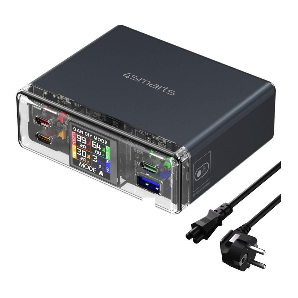 Захранване за ел. мрежа за лаптопи, смартфони и таблети с 1xUSB-A и 3xUSB-C изходи с технология за бързо зареждане - 4smarts Lucid GaN Fast Wall Charger 210W (тъмносив) | JAR Computers Захранване за ел. мрежа за лаптопи, смартфони и таблети с 1xUSB-A и 3xUSB-C изходи с технология за бързо зареждане - 4smarts Lucid GaN Fast Wall Charger 210W (тъмносив)