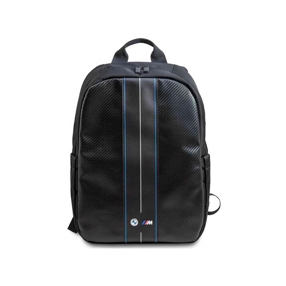 Дизайнерска раница за преносими компютри до 16 инча - BMW Carbon And Blue Stripe Backpack (черна) | JAR Computers Дизайнерска раница за преносими компютри до 16 инча - BMW Carbon And Blue Stripe Backpack (черна)