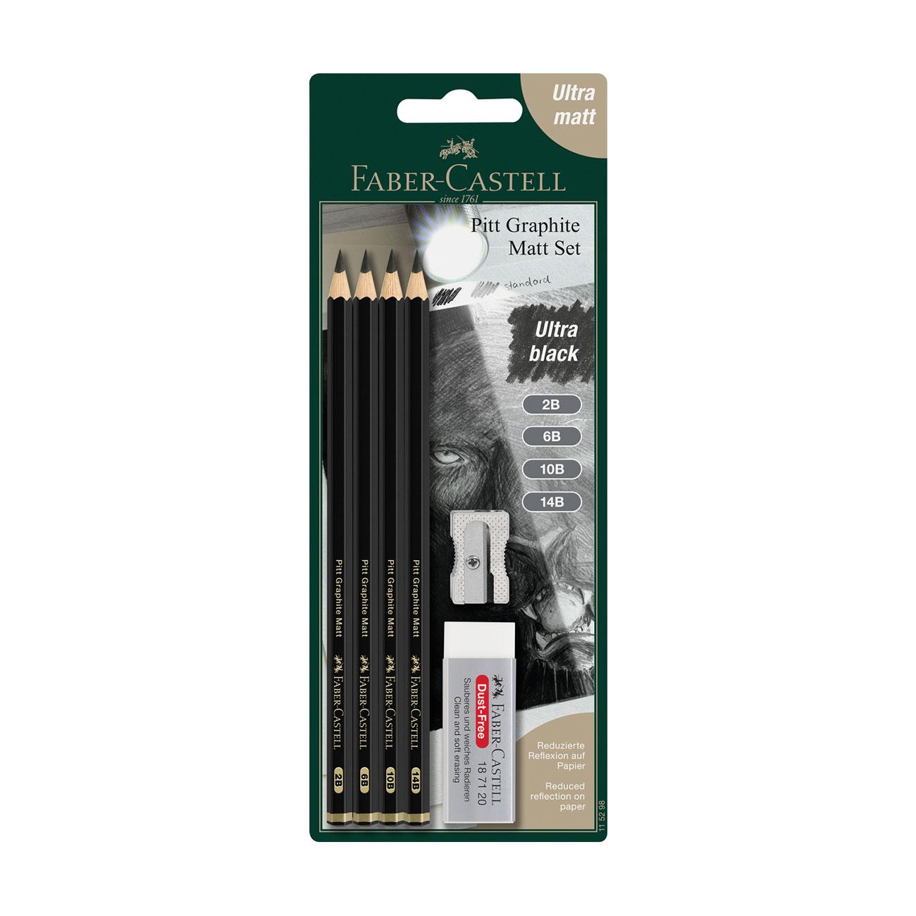 Faber-Castell Моливи Pitt Graphite Matt, чернографитни, 2B, 6B, 10B, 14B, с гума и острилка
