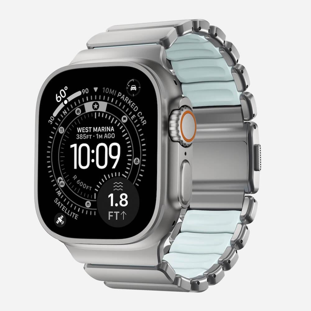 Титаниева каишка (светеща в тъмното) за Apple Watch 44мм, 45мм, 46мм, Ultra, Ultra 2, Ultra 3 49мм - Nomad Stratos Band Natural Titanium Limited Edition (сребрист-светлосин) | JAR Computers Титаниева каишка (светеща в тъмното) за Apple Watch 44мм, 45мм, 46мм, Ultra, Ultra 2, Ultra 3 49мм - Nomad Stratos Band Natural Titanium Limited Edition (сребрист-светлосин)