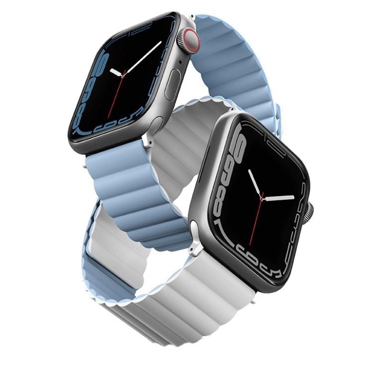 Двулицева магнитна силиконова каишка за Apple Watch 38мм, 40мм, 41мм, 42мм (2024) - Uniq Revix Silicone Magnetic Strap (бял-син) | JAR Computers Двулицева магнитна силиконова каишка за Apple Watch 38мм, 40мм, 41мм, 42мм (2024) - Uniq Revix Silicone Magnetic Strap (бял-син)