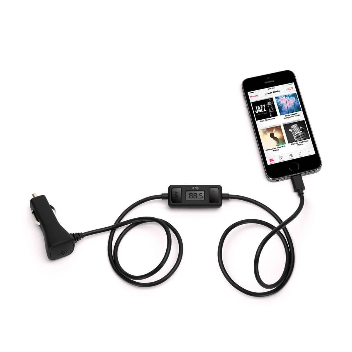 Griffin iTrip FM Transmitter Lightning Connector - FM трансмитер и зарядно за кола с Lightning кабел за iPhone, iPad, iPod (черен) | JAR Computers Griffin iTrip FM Transmitter Lightning Connector - FM трансмитер и зарядно за кола с Lightning кабел за iPhone, iPad, iPod (черен)