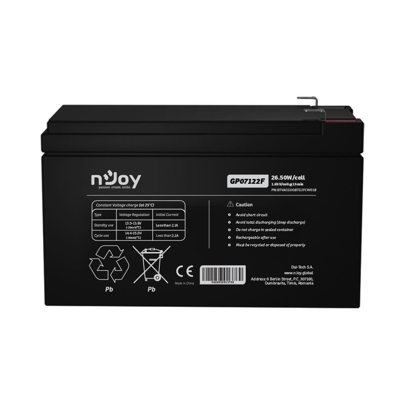 Батерия 12V 265W/cell - 7Ah Тип VRLA без поддръжка F2(T2) конектор - NJOY GP07122F | JAR Computers Батерия 12V 265W/cell - 7Ah Тип VRLA без поддръжка F2(T2) конектор - NJOY GP07122F