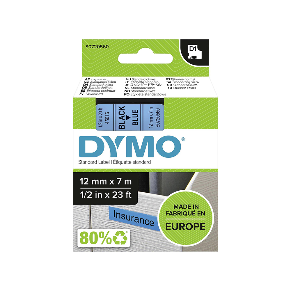 Dymo S0720560 D1 45016 Tape 12mm x 7m Black on Blue