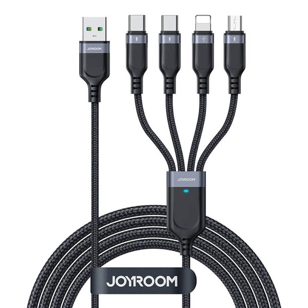 Joyroom Fast 4-in-1 Charging Data Cable 3.5А - универсален USB-A кабел с microUSB, Lightning и 2xUSB-C конектори (120 см) (черен)