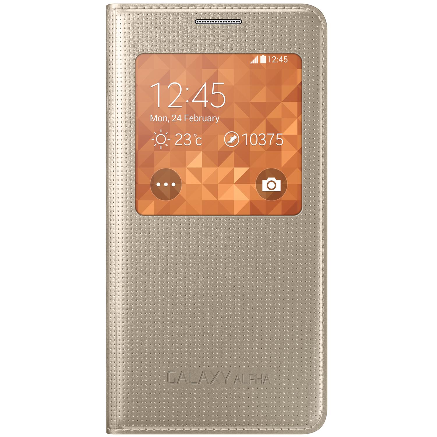 Оригинален кожен калъф за Samsung Galaxy Alpha - Samsung S-View Cover EF-CG850BFEGWW (златист) | JAR Computers Оригинален кожен калъф за Samsung Galaxy Alpha - Samsung S-View Cover EF-CG850BFEGWW (златист)
