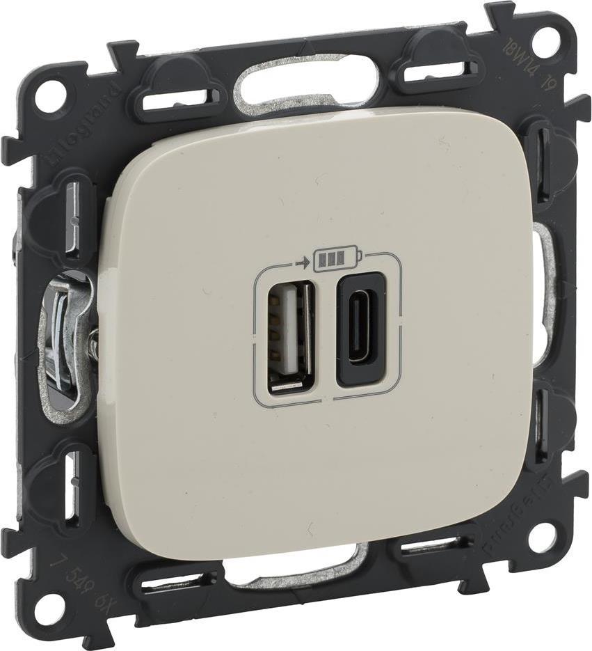 Розетка 2хUSB за зареждане тип A+C 3A 15W цвят Крем Valena Allure (комплект с механизъм) Legrand | JAR Computers Розетка 2хUSB за зареждане тип A+C 3A 15W цвят Крем Valena Allure (комплект с механизъм) Legrand