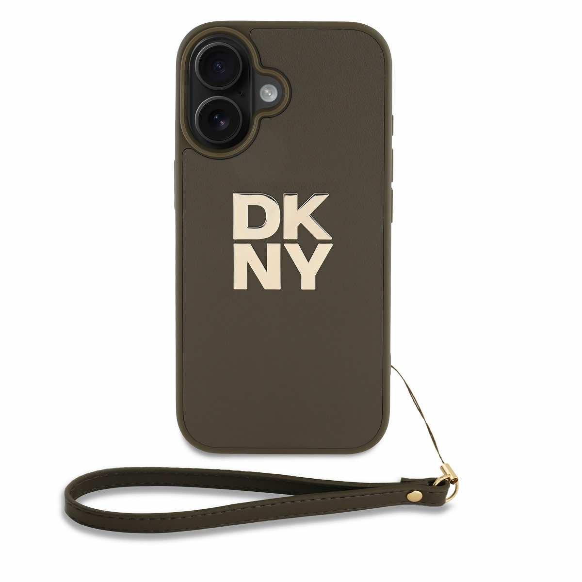 Дизайнерски кожен кейс с връзка за носене за iPhone 16 - DKNY PU Leather Stack Logo Wrist Strap Case (тъмнозелен) | JAR Computers Дизайнерски кожен кейс с връзка за носене за iPhone 16 - DKNY PU Leather Stack Logo Wrist Strap Case (тъмнозелен)