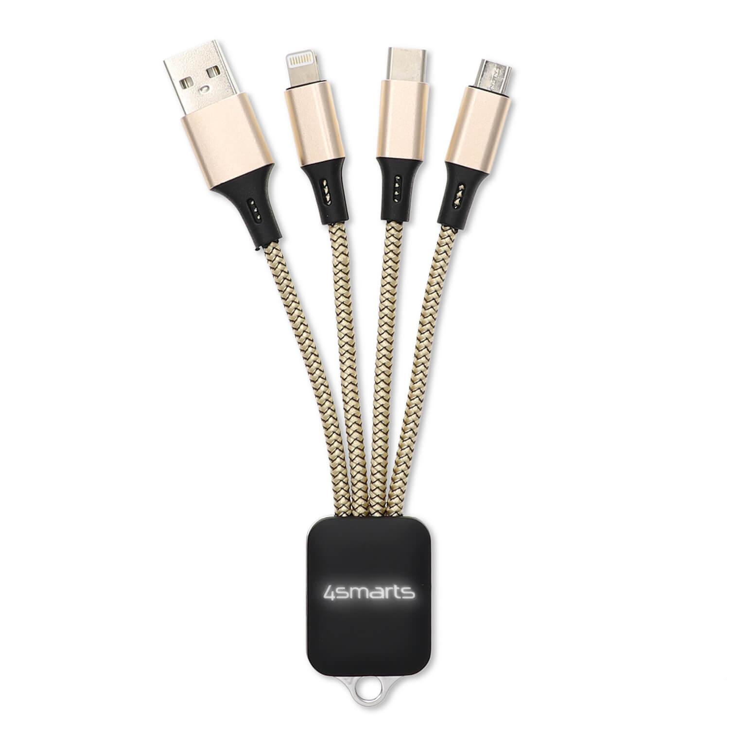 Качествен светещ многофункционален кабел за microUSB, Lightning и USB-C стандарти (6см) - 4smarts 3in1 Cable GlowCord 6cm fabric (златист) | JAR Computers Качествен светещ многофункционален кабел за microUSB, Lightning и USB-C стандарти (6см) - 4smarts 3in1 Cable GlowCord 6cm fabric (златист)