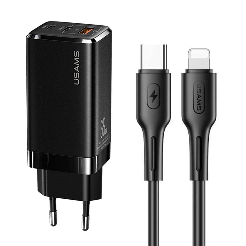 USAMS 220V 65W, USB-A + 2xUSB-C, кабел C-L, черен | JAR Computers USAMS 220V 65W, USB-A + 2xUSB-C, кабел C-L, черен