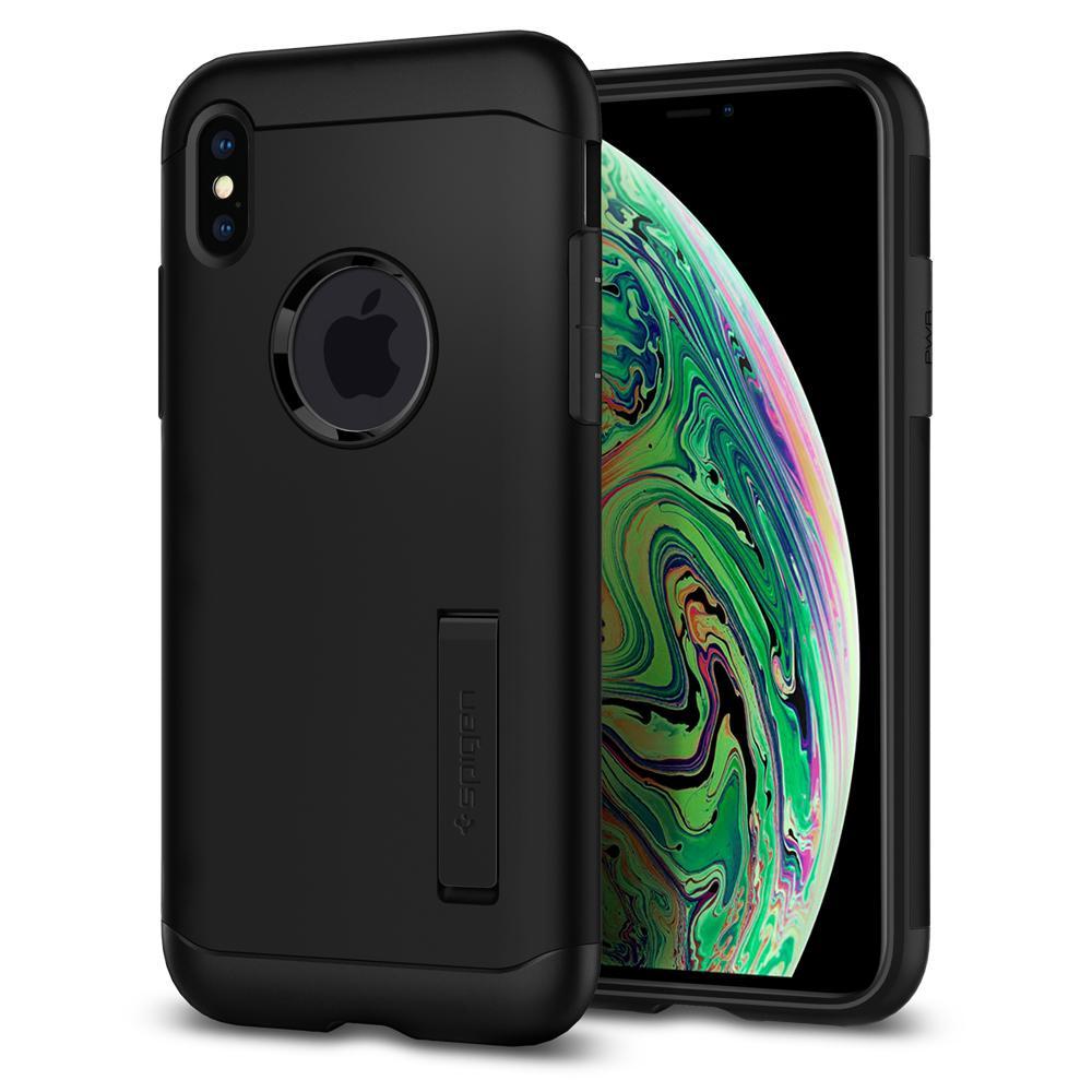 Хибриден кейс с поставка и най-висока степен на защита за iPhone XS Max - Spigen Slim Armor Case (черен) | JAR Computers Хибриден кейс с поставка и най-висока степен на защита за iPhone XS Max - Spigen Slim Armor Case (черен)
