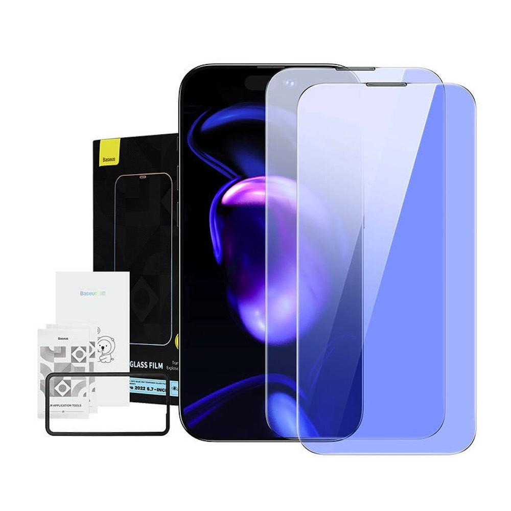 Стъклено защитно покритие за целия дисплей на iPhone 14 Pro Max (прозрачен) - Baseus Full Coverage Anti Blue Light Dust Proof Tempered Glass Film Set (SGBL120302) (2 броя) | JAR Computers Стъклено защитно покритие за целия дисплей на iPhone 14 Pro Max (прозрачен) - Baseus Full Coverage Anti Blue Light Dust Proof Tempered Glass Film Set (SGBL120302) (2 броя)