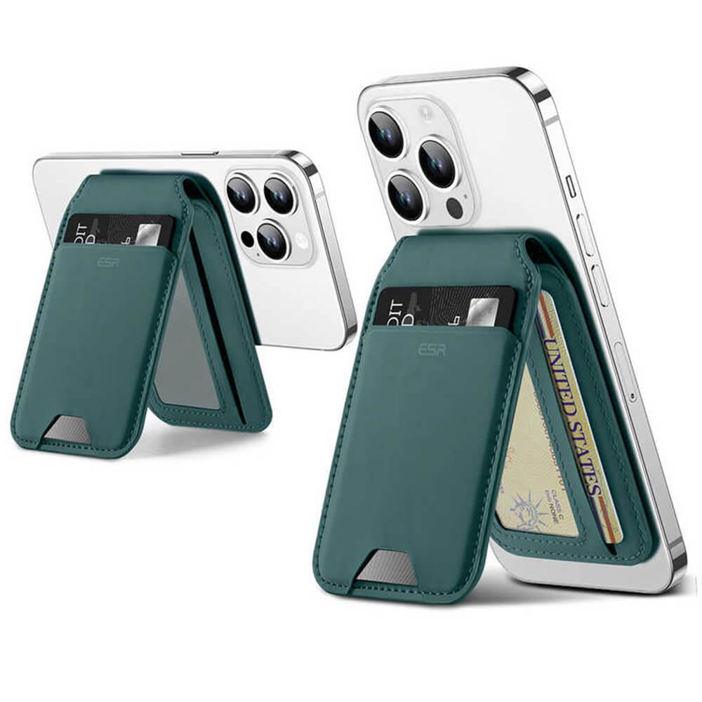 Кожен портфейл (джоб) с вградена поставка за прикрепяне към iPhone с MagSafe - ESR HaloLock Vegan Leather Magnetic Wallet Stand (зелен) | JAR Computers Кожен портфейл (джоб) с вградена поставка за прикрепяне към iPhone с MagSafe - ESR HaloLock Vegan Leather Magnetic Wallet Stand (зелен)