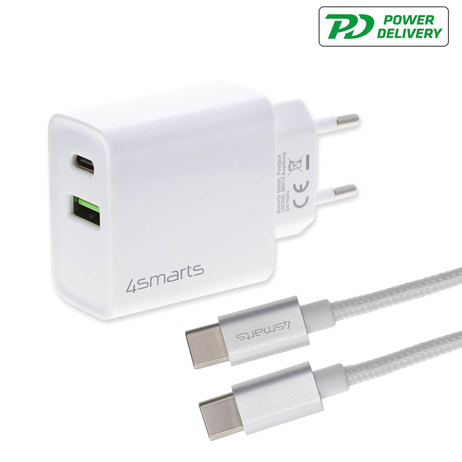Захранване за ел. мрежа с PowerDelivery и с USB-C кабел - 4smarts Fast Wall Charger VoltPlug Dual PD QC 18W with USB-C to USB-C cable (бял) | JAR Computers Захранване за ел. мрежа с PowerDelivery и с USB-C кабел - 4smarts Fast Wall Charger VoltPlug Dual PD QC 18W with USB-C to USB-C cable (бял)