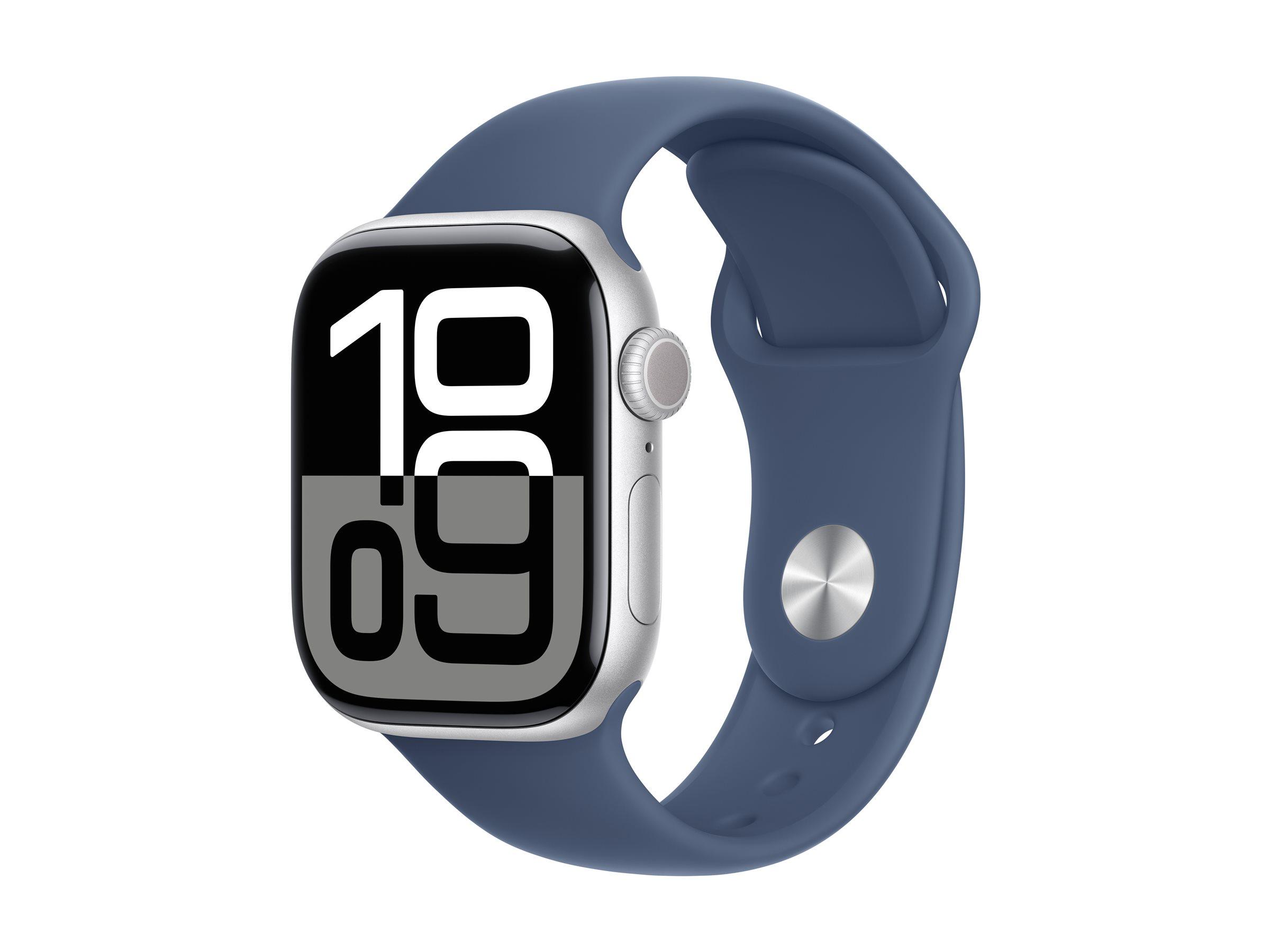 APPLE Watch Series 10 GPS + Cellular 42mm Silver Aluminium Case with Denim Sport Band - S/M | JAR Computers APPLE Watch Series 10 GPS + Cellular 42mm Silver Aluminium Case with Denim Sport Band - S/M
