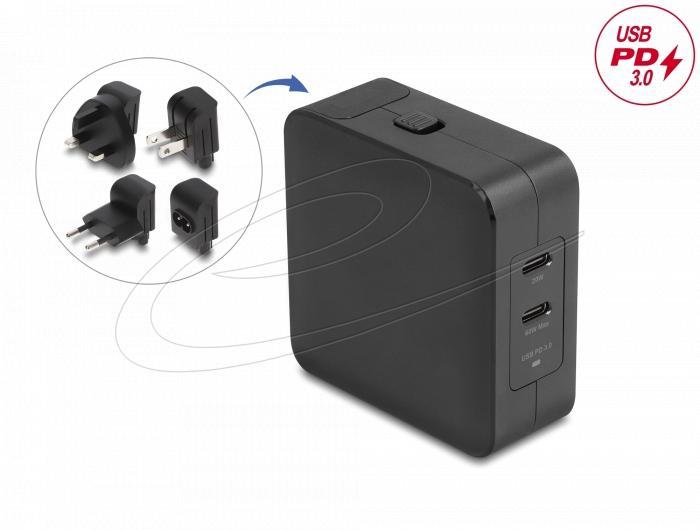 Delock Зарядно устройство GaN, 2 x USB-C, PD 65 W, адаптер за EU / US / UK | JAR Computers Delock Зарядно устройство GaN, 2 x USB-C, PD 65 W, адаптер за EU / US / UK