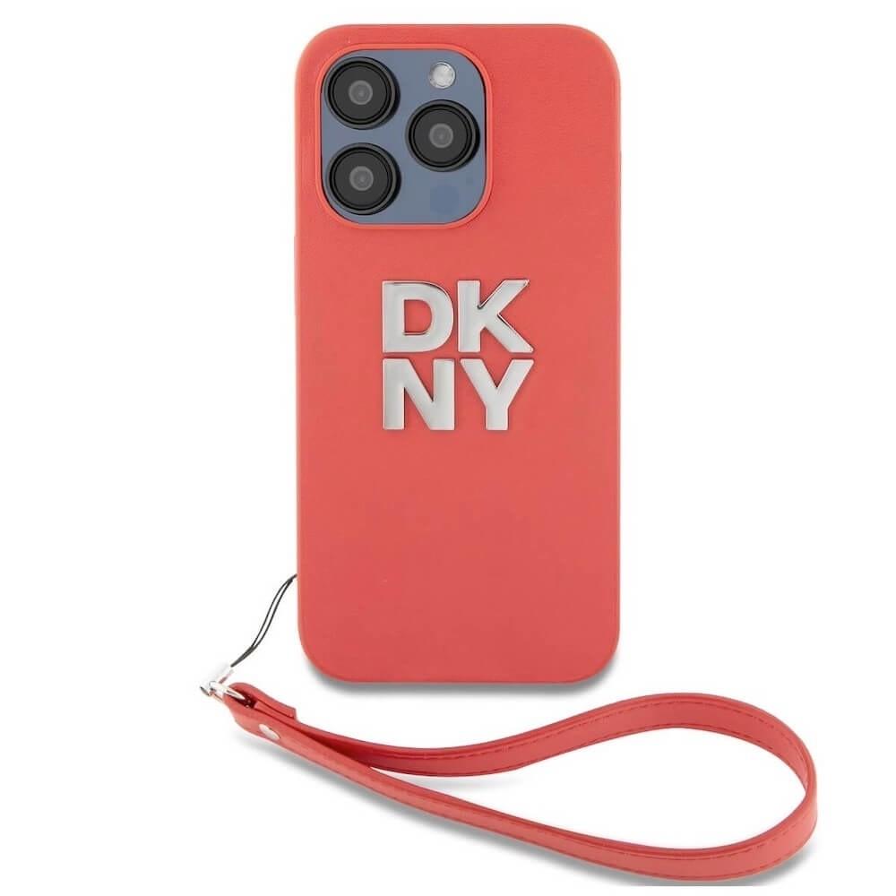 DKNY Stack Logo Wrist Strap Leather Hard Case - дизайнерски кожен кейс с връзка за носене за iPhone 14 Pro Max (червен)