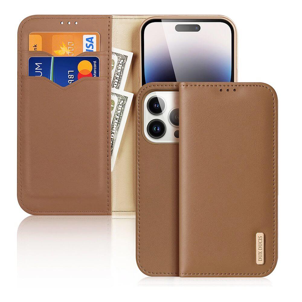 Кожен калъф от естествена кожа с поставка и отделение за кр. карти за iPhone 15 Pro - Dux Ducis Hivo Genuine Leather Flip Wallet Case (кафяв) | JAR Computers Кожен калъф от естествена кожа с поставка и отделение за кр. карти за iPhone 15 Pro - Dux Ducis Hivo Genuine Leather Flip Wallet Case (кафяв)