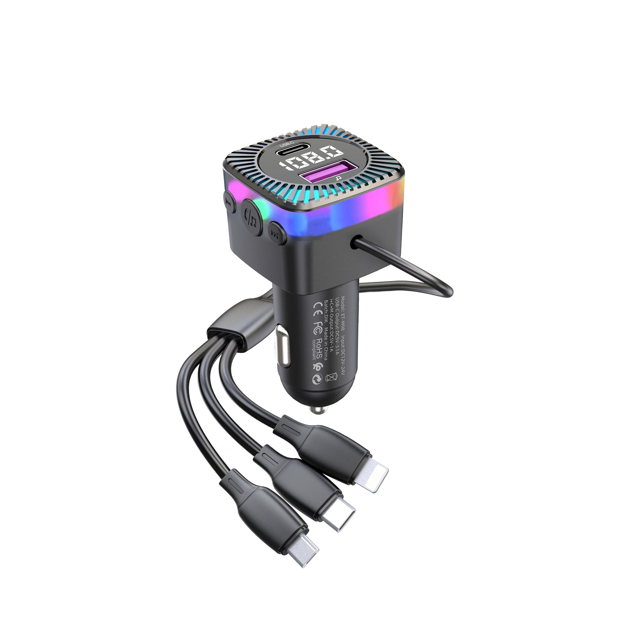 FM Трансмитер Earldom ET-M98, Bluetooth, USB, Type-C, 3.1A, С кабел 3 в 1, Черен - 17768