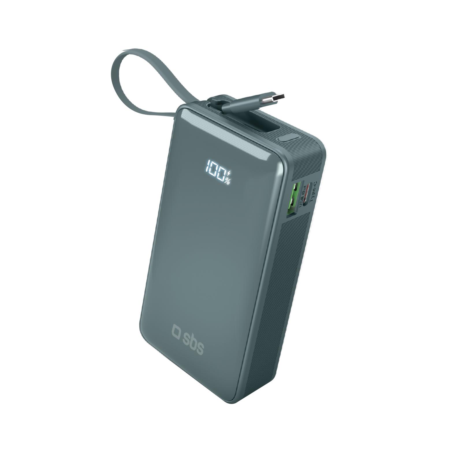 Преносима батерия SBS 81406, 10 000mAh, PD20W, с вграден кабел, LCD, светло синя