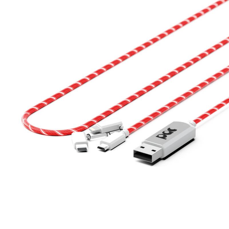 Качествен светещ USB кабел с Lightning, microUSB и USB-C конектори - PAC Intelligent Power Flow 1m. Charge & Sync 3in1 Cable (червен) | JAR Computers Качествен светещ USB кабел с Lightning, microUSB и USB-C конектори - PAC Intelligent Power Flow 1m. Charge & Sync 3in1 Cable (червен)