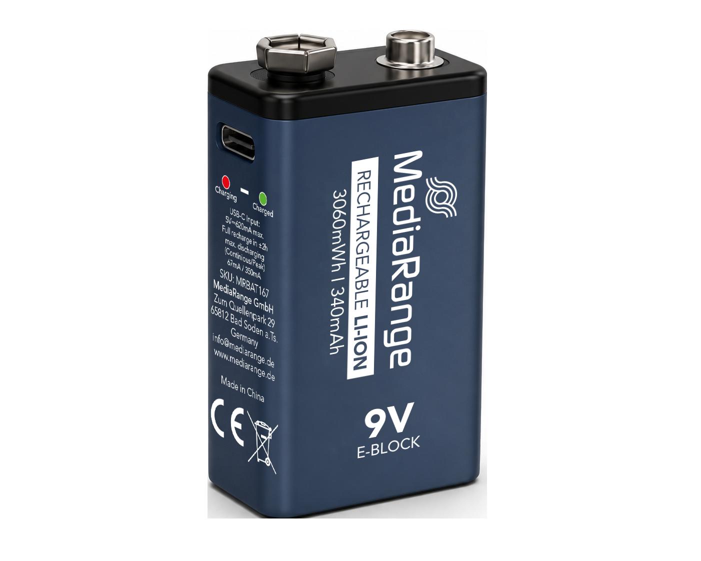 MediaRange акумулаторни батерии E-Block, 6LR61, 9V, USB-C 2бр | JAR Computers MediaRange акумулаторни батерии E-Block, 6LR61, 9V, USB-C 2бр