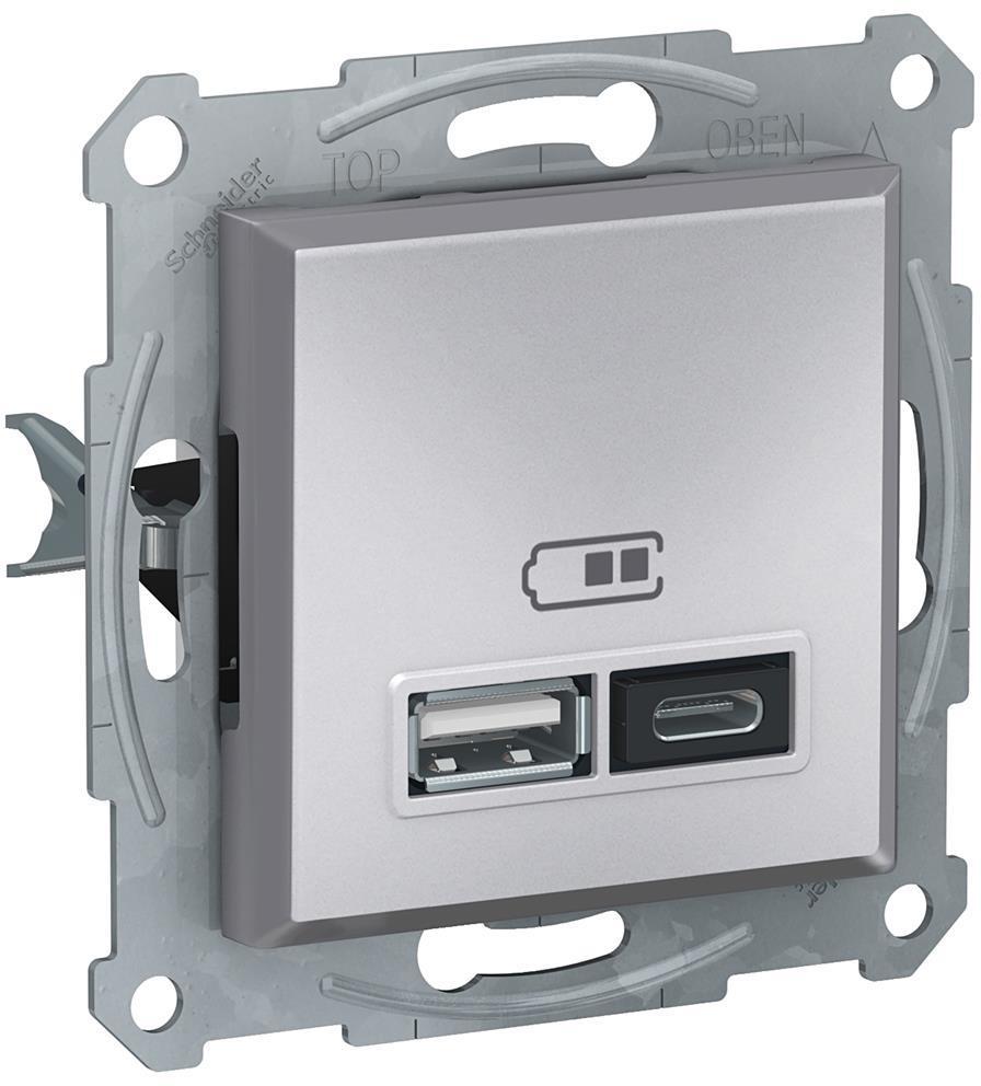 Розетка 2хUSB за зареждане тип A+C 2.4A 12W цвят Алуминий Asfora SE | JAR Computers Розетка 2хUSB за зареждане тип A+C 2.4A 12W цвят Алуминий Asfora SE