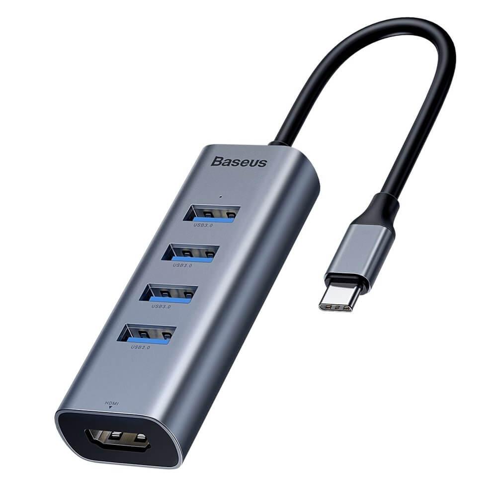 Baseus Enjoyment USB-C Hub (CAHUB-N0G) - USB-C хъб с четири USB порта и HDMI порт за мобилни устройства с USB-C (тъмносив) | JAR Computers Baseus Enjoyment USB-C Hub (CAHUB-N0G) - USB-C хъб с четири USB порта и HDMI порт за мобилни устройства с USB-C (тъмносив)