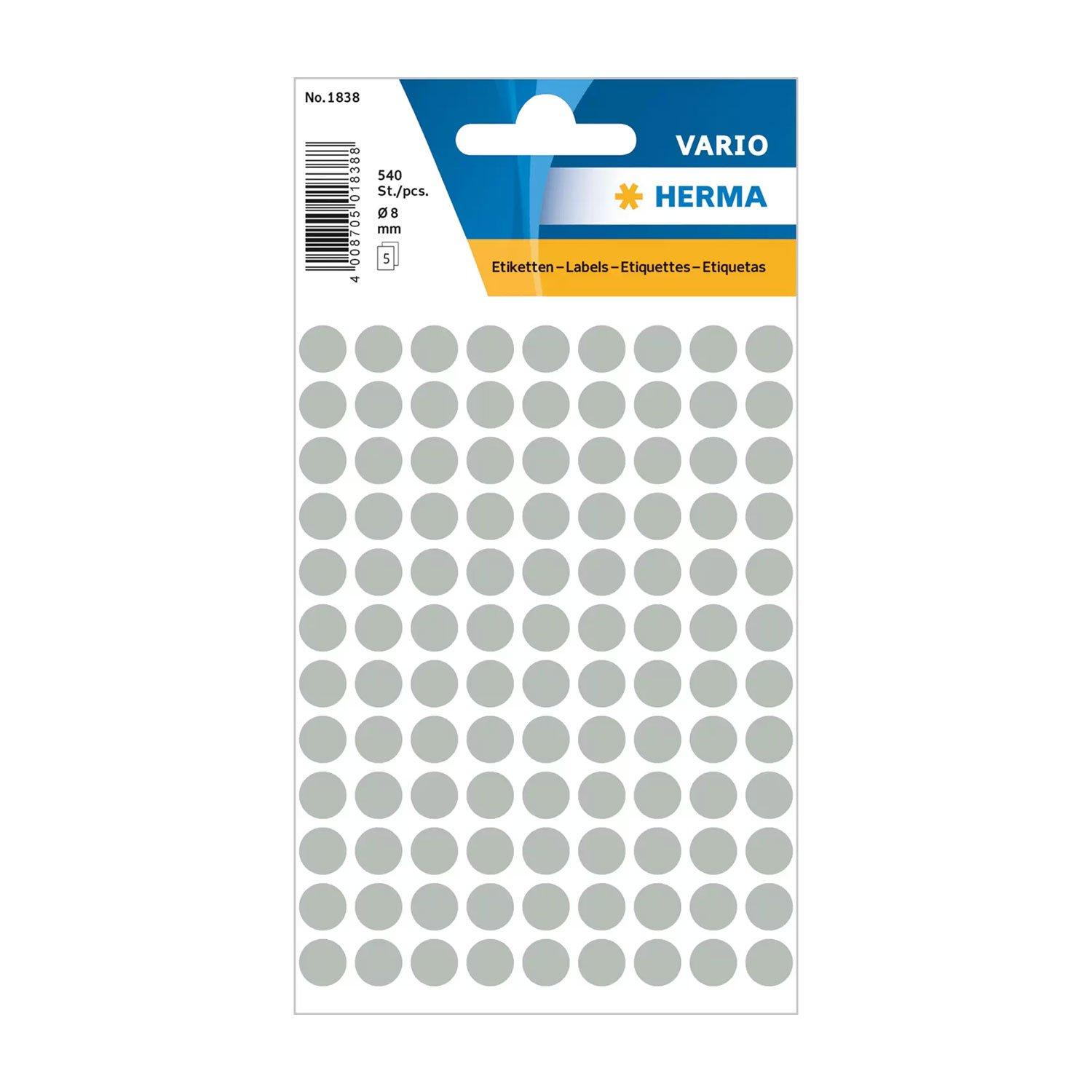 Herma Самозалепващи се етикети, кръгли, диаметър 8 mm, 108 броя на лист, 5 листа, сиви