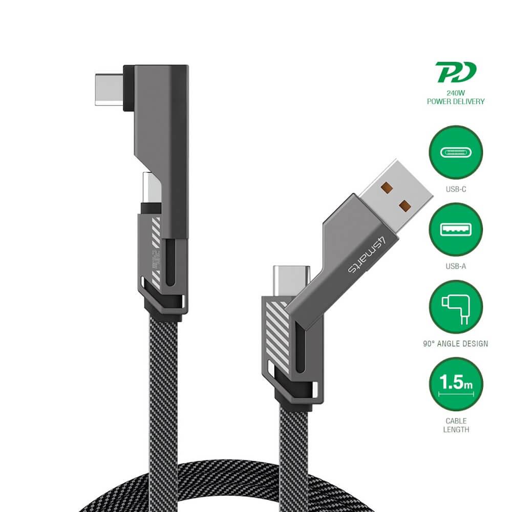 4smarts ComboCord Flat Right Angle USB-C to USB-C Adapter Cable 240W - качествен USB-C към USB-C кабел и USB-C към USB-C адаптер (150 см) (тъмносив)