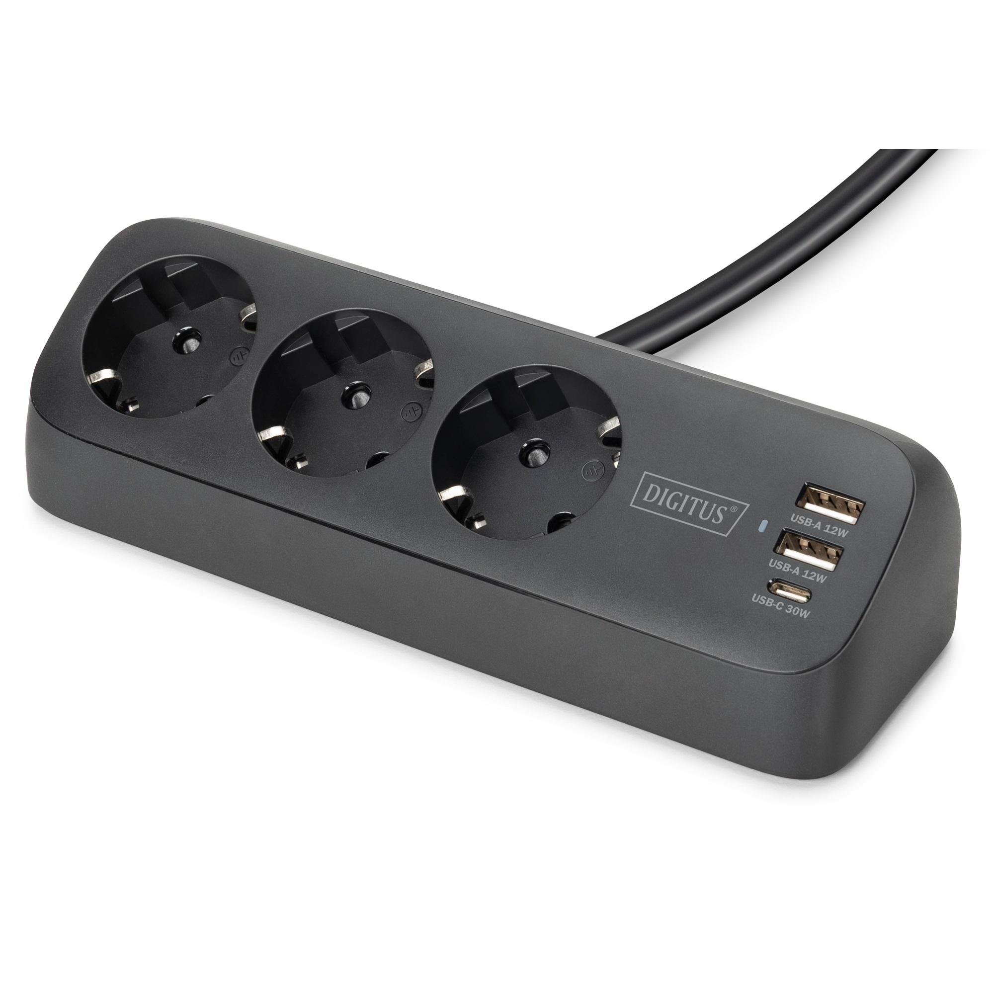 DIGITUS DA-70625 :: Разклонител за монтаж на плот, 3 x Schuko, 2x USB-A, 1xUSB-C, черен, 1.5м