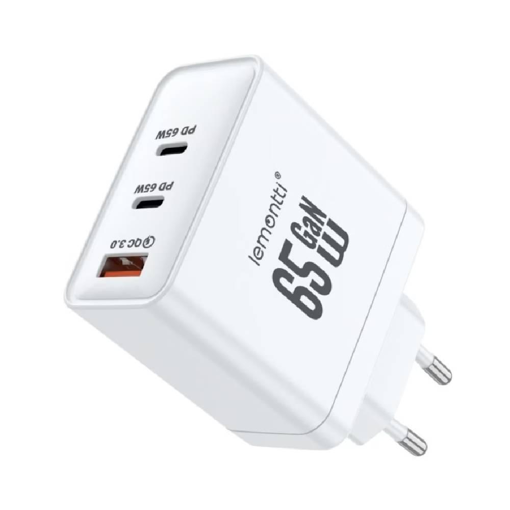 Lemontti GaN мрежово зарядно устройство 65W (2x USB-C PD + USB-A), бяло | JAR Computers Lemontti GaN мрежово зарядно устройство 65W (2x USB-C PD + USB-A), бяло