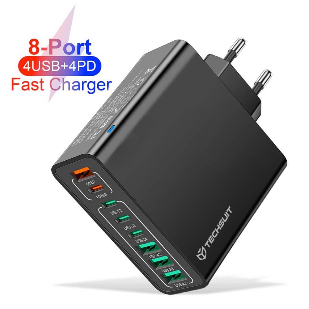Захранване за ел. мрежа с 4xUSB-A и 4xUSB-C изхода и технология за бързо зареждане - Techsuit CHPD224 Quick Wall Charger PD 65W (черен) | JAR Computers Захранване за ел. мрежа с 4xUSB-A и 4xUSB-C изхода и технология за бързо зареждане - Techsuit CHPD224 Quick Wall Charger PD 65W (черен)