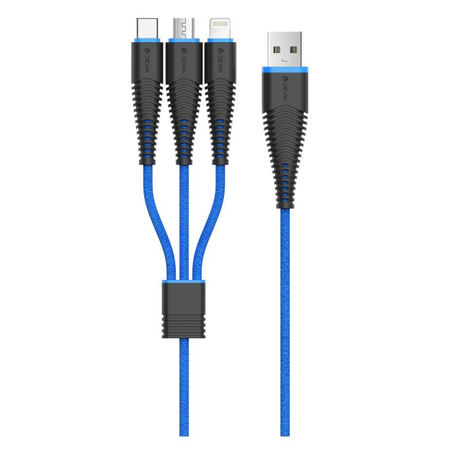 Универсален качествен кабел с Lightning, MicroUSB и USB-C конектори - Devia FishBone 3 in 1 Cable (черен-син) | JAR Computers Универсален качествен кабел с Lightning, MicroUSB и USB-C конектори - Devia FishBone 3 in 1 Cable (черен-син)