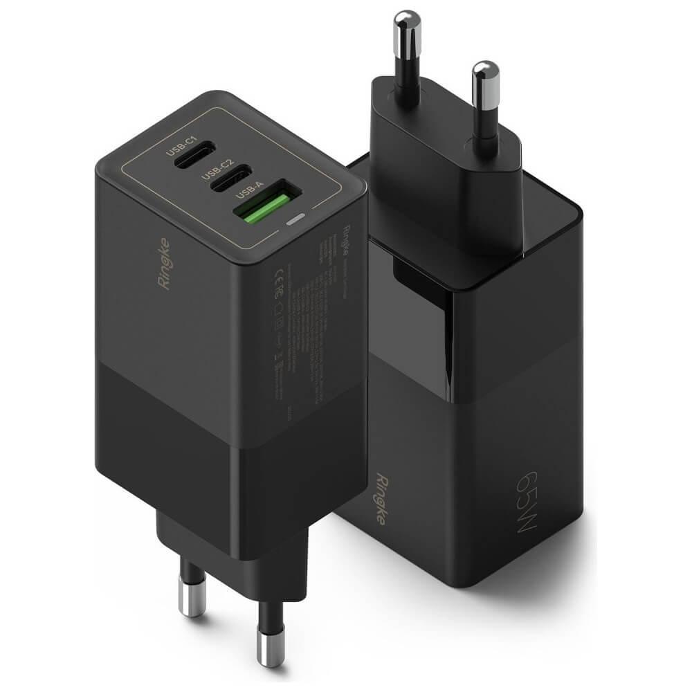 Захранване за ел. мрежа за лаптопи, смартфони и таблети с USB-A и 2xUSB-C изходи с технология за бързо зареждане - Ringke GaN Laptop Charger 65W (черен) | JAR Computers Захранване за ел. мрежа за лаптопи, смартфони и таблети с USB-A и 2xUSB-C изходи с технология за бързо зареждане - Ringke GaN Laptop Charger 65W (черен)